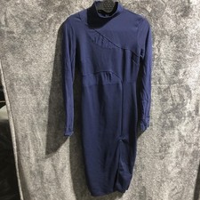 Fashion Nova Dress Womens Small Blue Long Sleeve Turtleneck Bodycon Ruched Midi