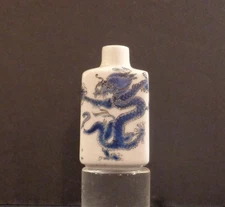 Vintage Chinese Blue & White Porcelain Snuff Bottle w/ Hand Drawn Dragon Design