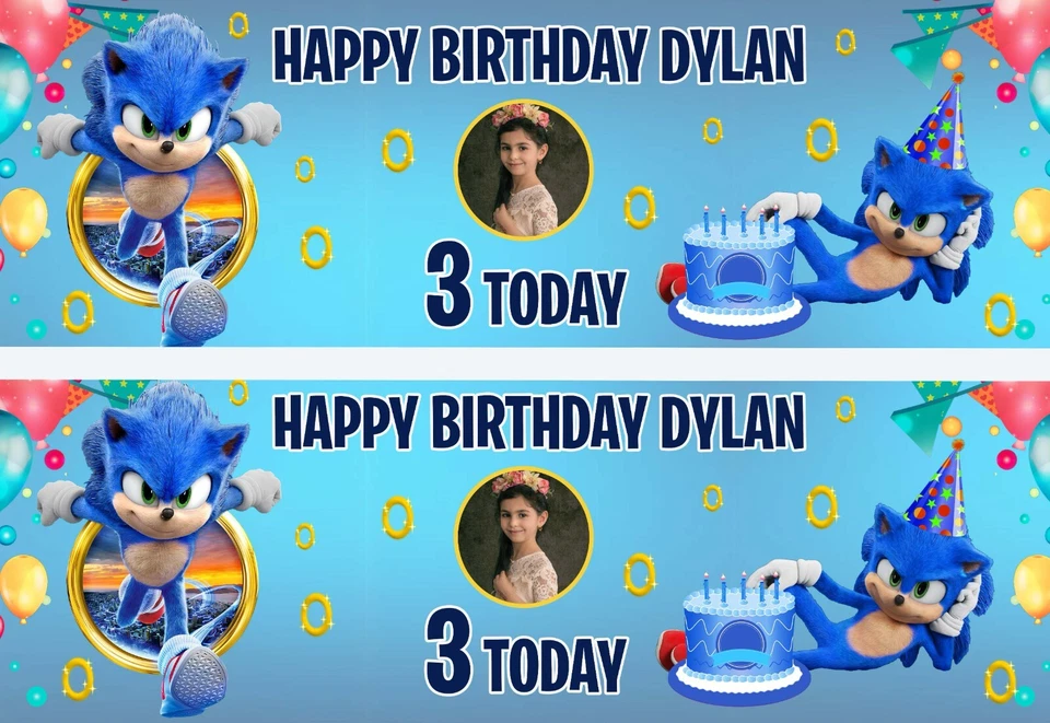 PERSONALPOLLY Personalised Sonic The Hedgehog Birthday Banner X2 Large Photo Party Decoration