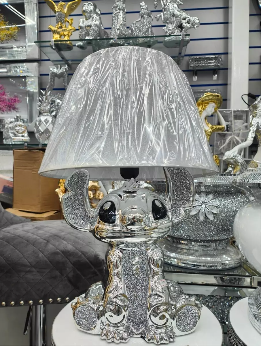 XL Bling Silver Crushed Diamond Silver Stitch Table Lamp with Shade Ceramic Base