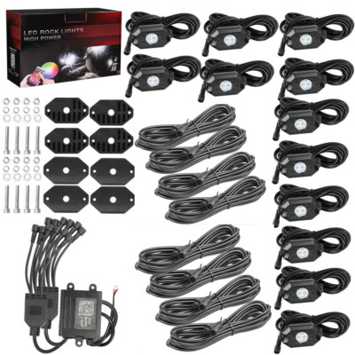 12 Pods RGB LED Rock Lights Wireless Multi-color w/8*8FT 4 Pin Extensions Truck