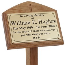 Solid Oak Carved Cross Wooden Memorial Grave / Tree Marker Stake Engraved Plaque