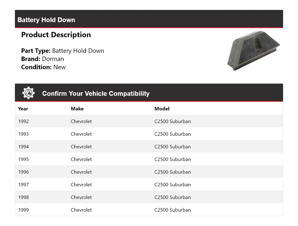 Retención de batería para Chevrolet C2500 Suburban Dorman 1992-1999 1993 1994 1995 Foto 2 de 4
