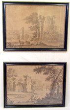 Pair of Classic 1700's Large Ink & Wash Romantic Italianate Landscapes 25" x 18"