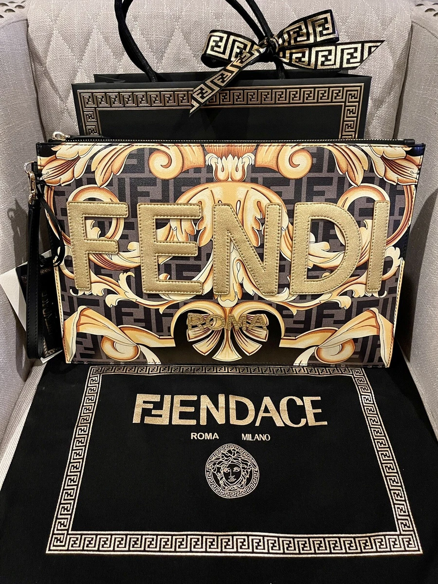 New Versace X Fendi Fendace Collaboration Large Flat Pouch Black Gold SOLD  OUT