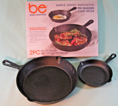 CAST IRON FRY PAN SET 2 Pc Basic Essentials Pre-Seasoned 6  & 10  Skillets   NIB