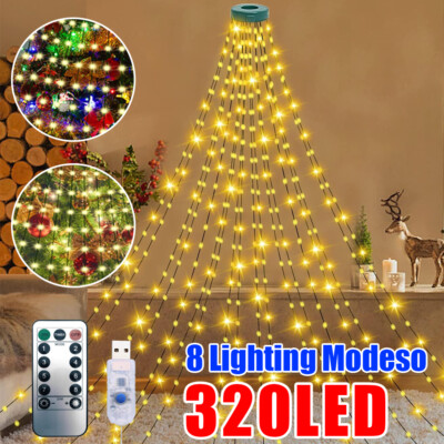 320 LED Christmas Tree Waterfall Lights USB Fairy String Xmas Tree Decor Remote