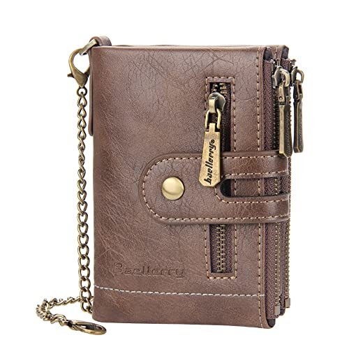 Men's Khaki PU Leather Bifold Chain Wallet 5.1x3.94x1.2 Inches
