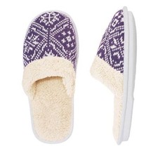 Ladies Embroidered Knit Sherpa-Lined Slippers - Purple - Size Small 5-6