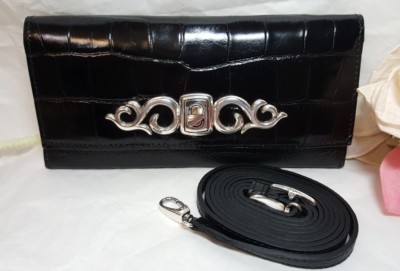 Brighton Large Black Leather Wallet Removable Adjustable Strap Turnkey Lock 