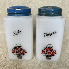 Vintage McKee Tipp City Milk Glass Flower Basket Design Shakers