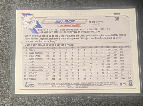 Will Smith - Topps 2021 cromo - refractor plateado - #30 - Dodgers - Imagen 2 de 2