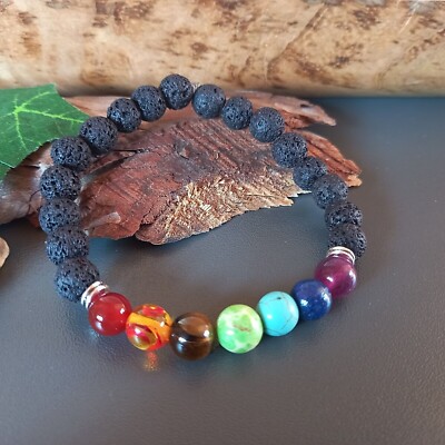 Chakra Regenbogen Stretch Armband mehrfarbig Lava + natürl./synth. Perlen (34)