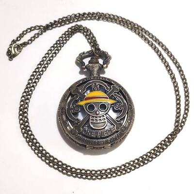 One Piece Pocket Watch Gold Bronze Pirate Anime Necklace Clock