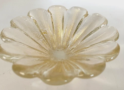 Vintage Murano Glass Flower-Shaped Bowl with Gold Flecks, Venetian Art Glass