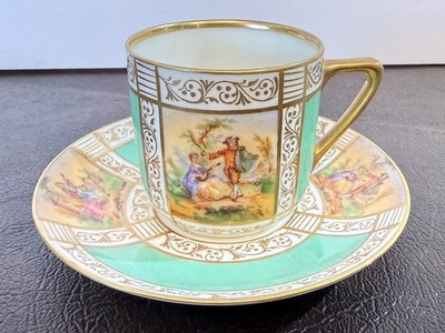 FSC Carlsbad Fine Porcelain Czech Demitasse Cup & Saucer C1920 Courting Couple