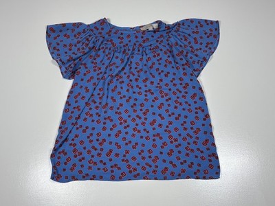 LOFT Blouse Womens XXS Petite Blue Red Floral Flutter Sleeve Lightweight Career
