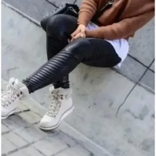 SPANX Faux Leather Moto Leggings Black Sz 1X I44 