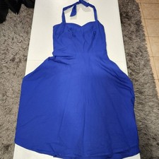 Women's Blue Cotton Spandex A-Line Dress Sleeveless Lace-Up Knee Length M