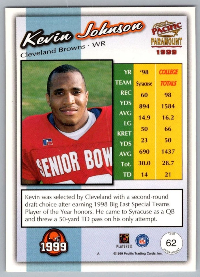 1999 Pacfic Kevin Johnson Cleveland Browns #62 - Image 2 of 2