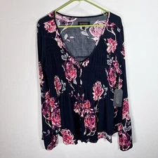 NWT Shyanne Country Top Women's Sz Large Dark Navy Floral Long Sleeve Blouse $39