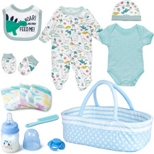 Reborn Baby Dolls Clothes Boy Blue Dinosaur Theme Accessories 13 Pcs Outfit Set