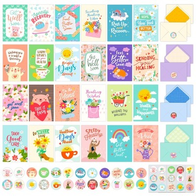 Decorably 24 Pack 4x6in Cute Get Well 4x6 inches, pink, purple, green, blue
