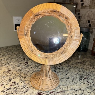 VTG  Wicker Rattan Swivel Table Top Mirror