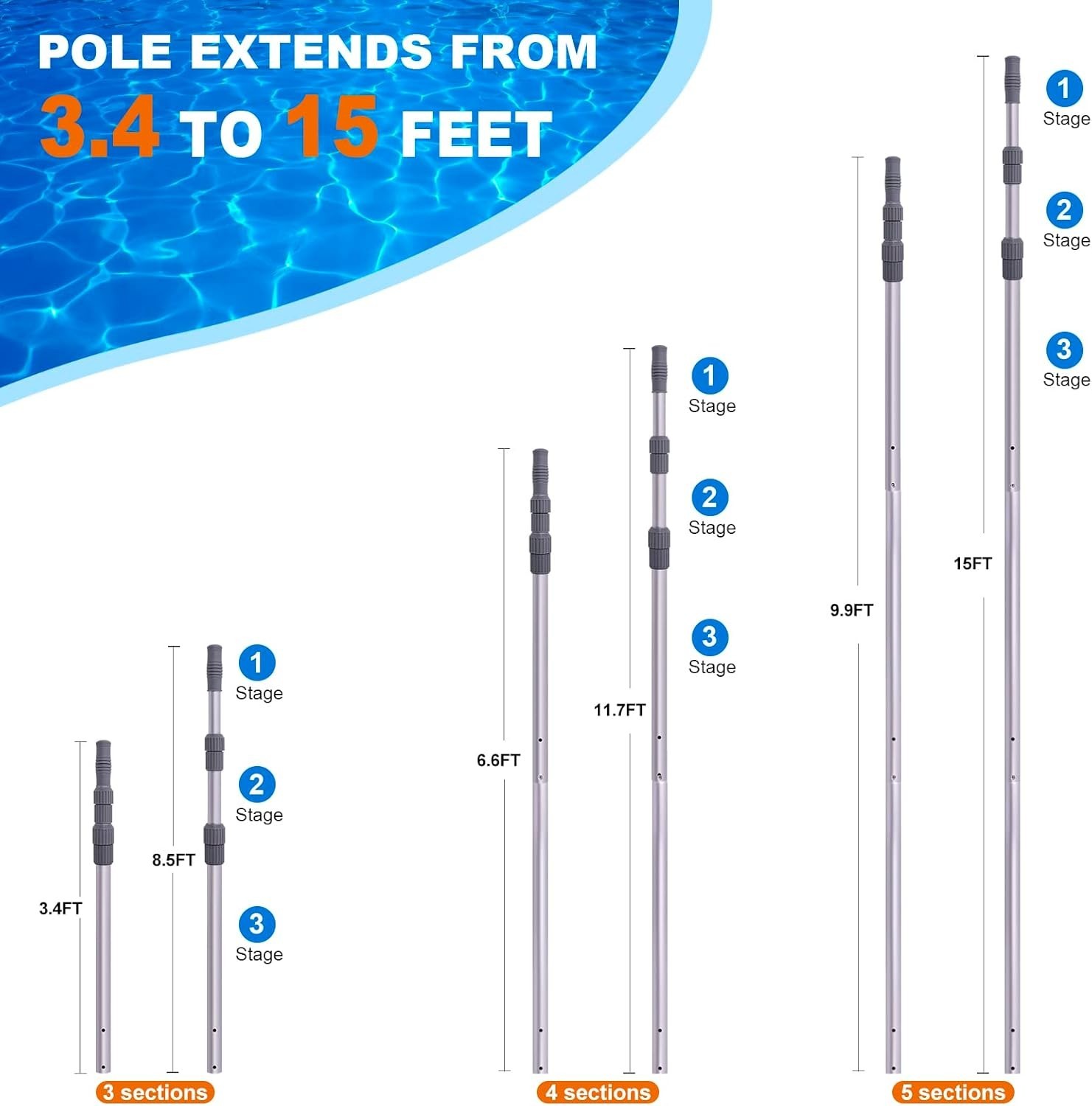 15 Foot Telescoping Professional Pool Cleaning Pole