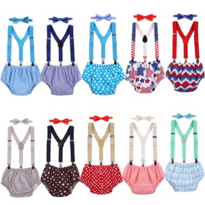 Baby Boy 1st Birthday Cake Smash Bloomer Suspenders Bowtie Photo Prop Outfit Set