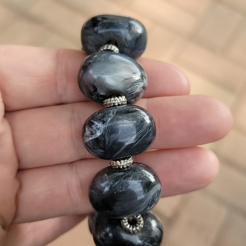 Vintage 5.5" Gray Marble Chunky Acrylic Bead Stretch Bracelet - Afbeelding 3 van 8