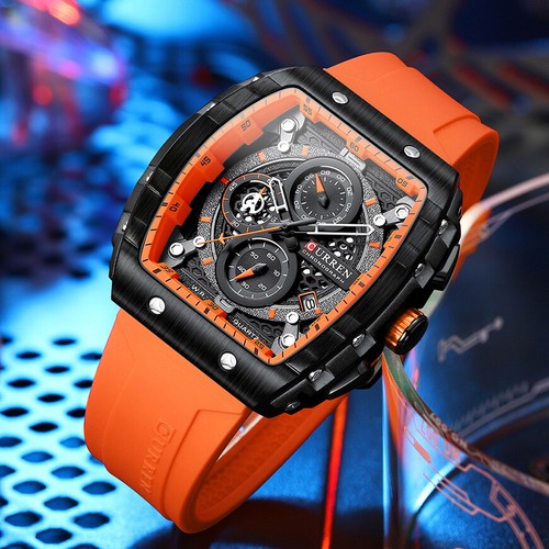 Reloj de pulsera cuadrado de lujo con banda de goma resistente al agua acero inoxidable con fecha para hombre - Imagen 10 de 25