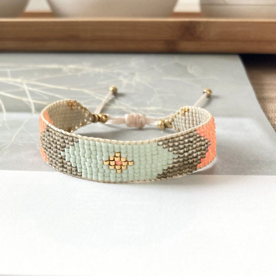 Funkelndes Miyuki Armband MIZZI / mint - olive - orange & gold / handgewebt