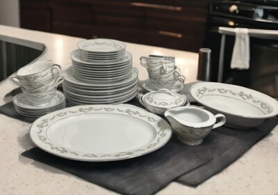 Noritake LEONORE 6676 Blue Gray Floral 8 Place Settings 41 Pc Set Silver Trim