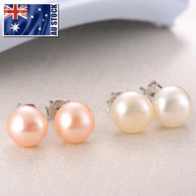925 Sterling Silver 8MM Classic Genuine Freshwater Pearl Stud Earrings  
