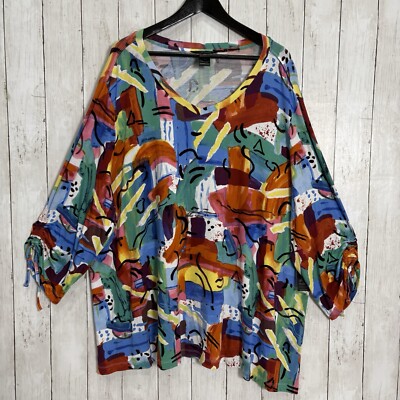 Ali Miles Tee Top Women 3X Stretch Multicolor Abstract Print Knit V-Neck NWT