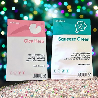 Lot Of 2 ENATURE Sheet Masks - Cica Herb Restore & Squeeze Green Watery NWOB