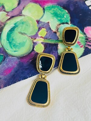 Baroque Black Glow Enamel Double Trapezoid Drop Pierced Earrings Gold Women Her