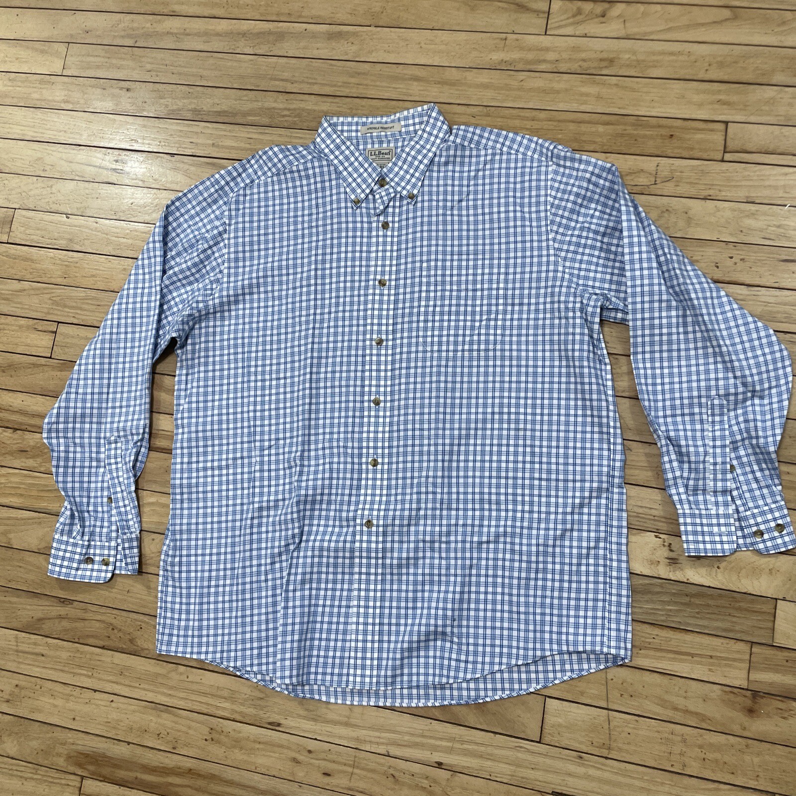L.L. Bean Shirt Men XL Reg Blue Check Plaid Button Down Wrinkle Resist Classic