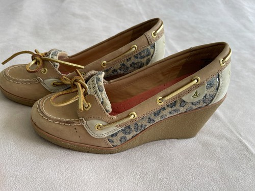 Sperry TopSider Size 8.5 Goldfish Boat Shoes Wedge Heels Leopard Leather Sequin - Picture 2 of 7