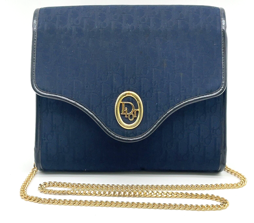 Authentic Christian Dior GD Trotter Navy Chain Shoulder Bag NS010439
