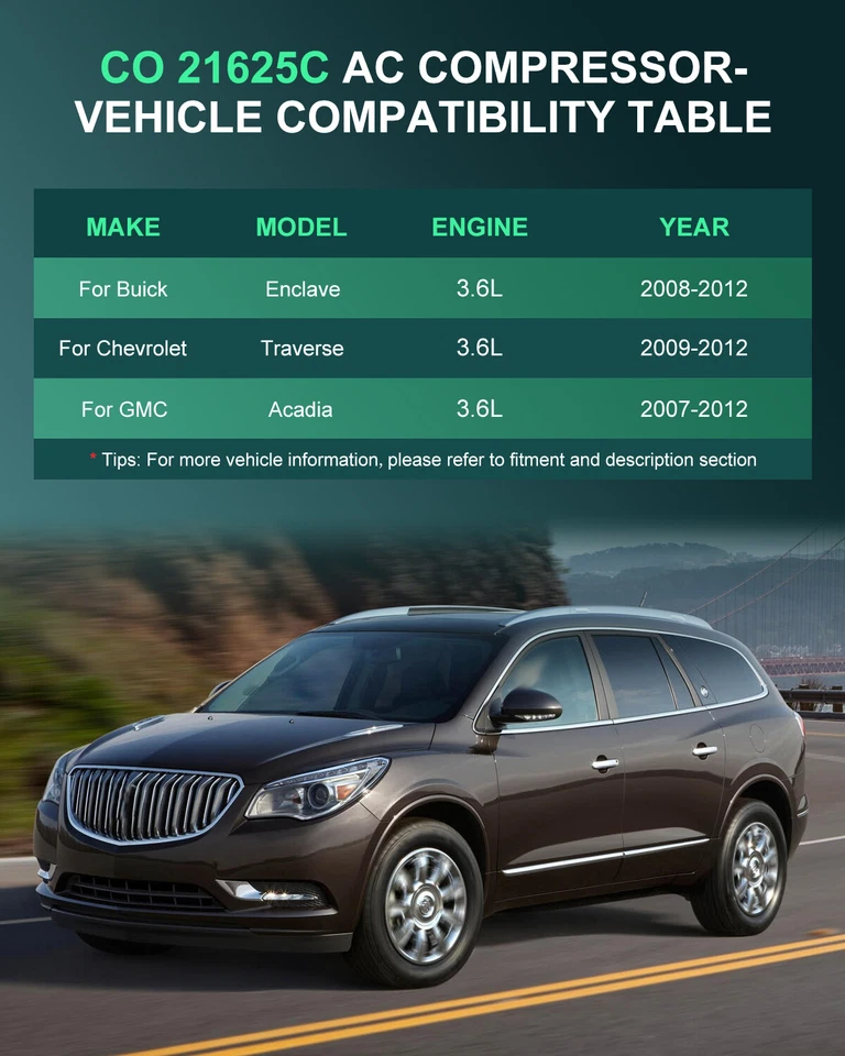 Compresor de aire acondicionado para 08-10 GMC Acadia Buick Enclave Saturn Outlook CO 21625C Foto 2 de 4