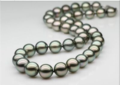 Huge 17''11-12mm South Sea Genuine Green Peacock Round Pearl Necklace with Dents