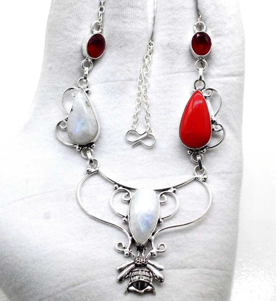 Collar de plata esterlina 925 piedras preciosas de luna y granate tamaño-17-18" Foto 2 de 2