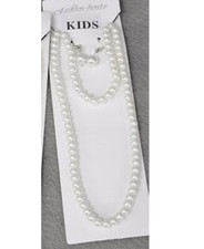 Kids Girls White Faux Pearl Girls Necklace Earrings and Bracelet Set