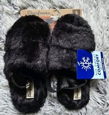 Women's DEARFOAMS Black Slip On NEW with tags Fuzzy Slippers SZ Small / 5-6