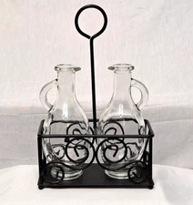 Oil & Vinegar Cruet Set Tabletop Farmhouse Cottage Style Bottles Carrier Retro