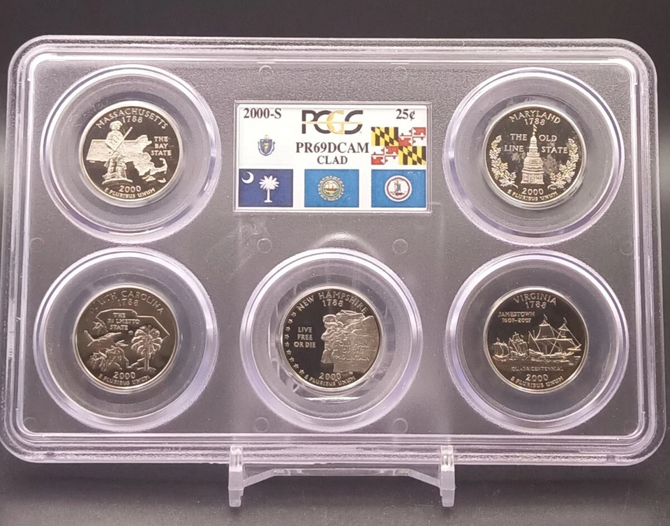Proof Set 2000-S Quarters 25c PCGS PR69 DCAM Deep Cameo MA MD SC NH VA - 5 Coins - Image 3 of 4