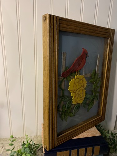 Scatola ombra incorniciata con legno dipinto a mano scena artistica di rose cardinali e gialle vintage - Foto 7 di 9
