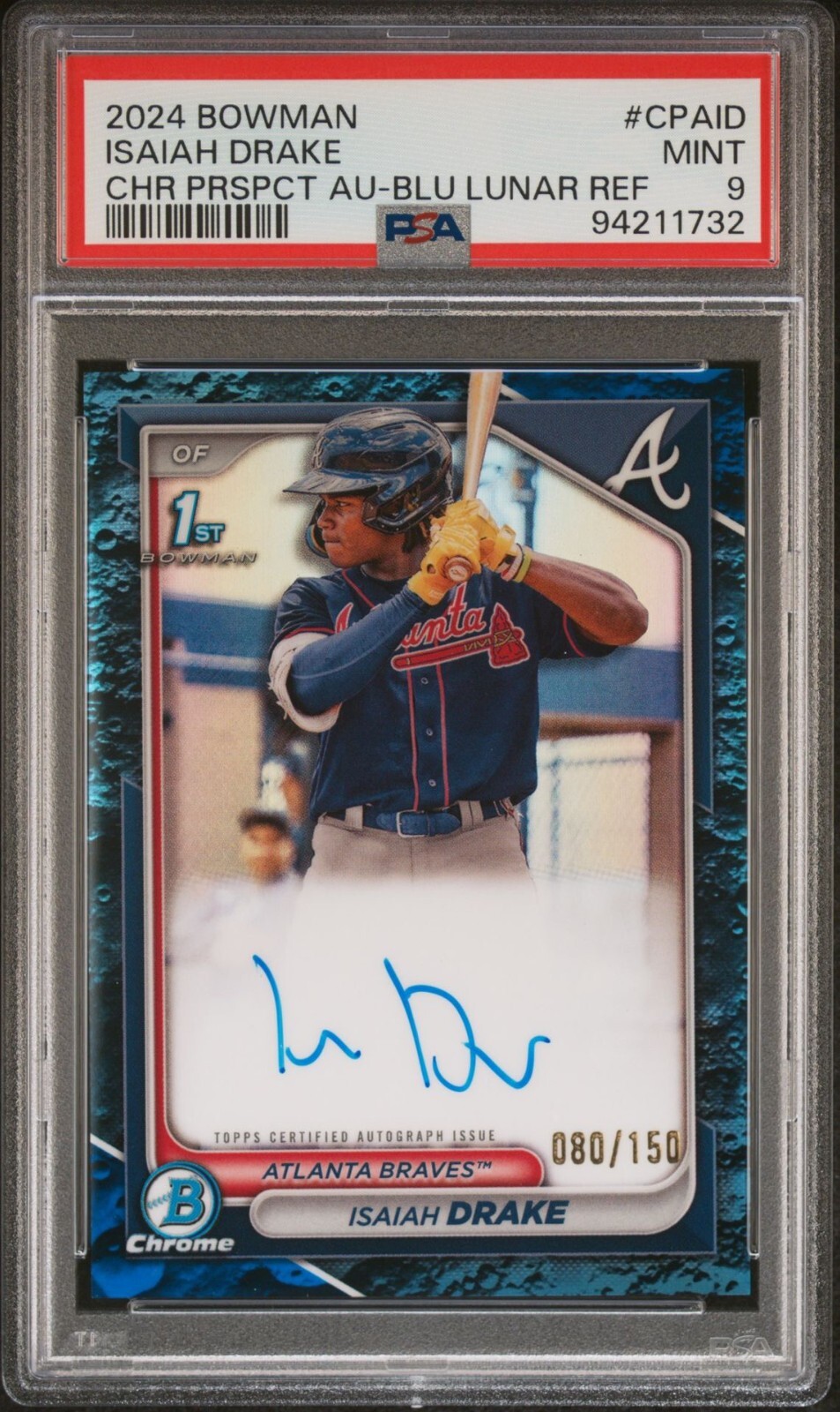 Isaiah Drake 2024 Bowman Chrome 1st RC AUTO Blue Lunar Refractor 80/150 Braves